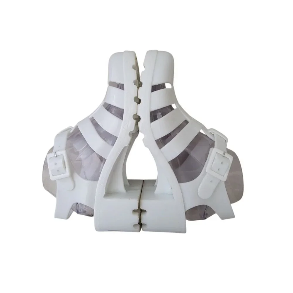 DOLLY MIX White Jelly Platform Strappy Sandals Chunky Heel Women's Sz 8.5 - Picture 4 of 9